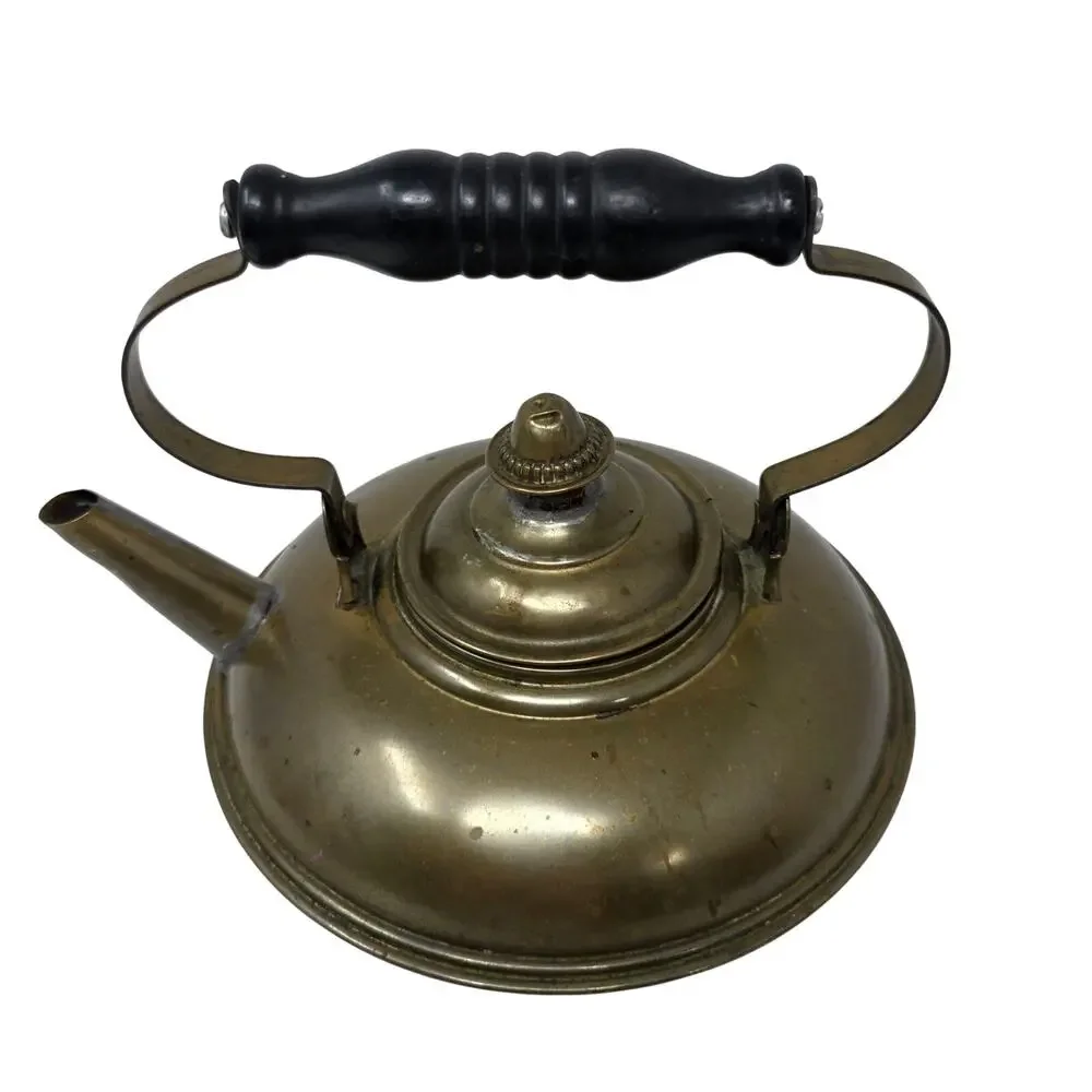Vintage Brass Tea Kettle Wooden Handle Decorative Tin-Lined Small Teapot